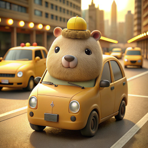 Cute Capybara turns into taxi on big city highway, cartoon style