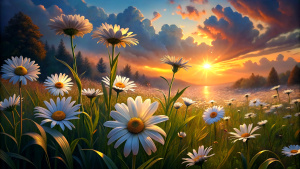 The landscape of white daisy blooms in a field, with the focus on the setting sun. The grassy meadow is blurred, creating a warm golden hour effect during sunset and sunrise time.