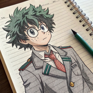 Detailed pencil drawing of Izuku Midoriya from My Hero Academia. Rough sketch on lined paper