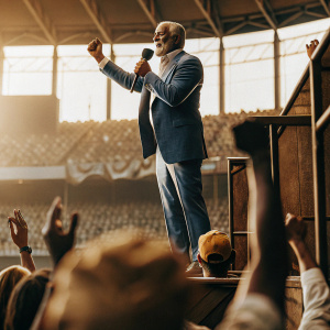 Jim Leyland, former baseball manager, in a blue suit. Giving motivational speech at a stadium. Crowd cheering