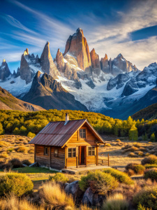 A photo of a cabin in Patagonia with a professional camera on a sunny day