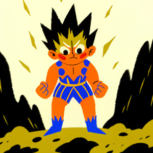 Digital rendering of Gon Freecss from Hunter x Hunter, fierce look, standing on rocky terrain. Dark, shadowy background.
