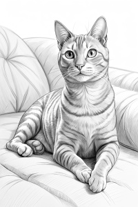  Line art, realistic black and white  Egyptian Mau laying down  on a couch in a living room backgroubd. Black and White Image, thick lines, well defined lines. Coloring page. No Color, No black Shading. Thick lines. size 8.5x11in. Black and White lines only. Use thick lines. Thick OUTLINES view from far away living room