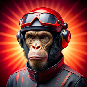 
anime monkey, left profile, block background, a ninja, centered, highly detailed, 3D, red and black colors, sweet, cyber glasses, trader helmet, crypto