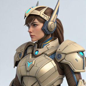 Digital illustration of D.Va, Overwatch character, in a fan-made design inspired by Valkyrie Armor. High poly rendering, beige color scheme with blue highlights. Simple, plain background.