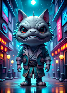 dorohedoro kawaii little shark cat white, street fighter, body complete , background city
