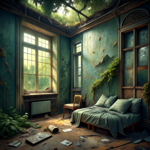 A room that is part of a detached house with high ceilings, broken and dilapidated windows, where abandoned homeless people live, and where you can see the garden from the window. A bed on the floor, a blanket on it. Everywhere is messy and dirty. The gray-green wall plaster has fallen off, the brown wallpaper has peeled off on the wall on the right. There is a large old crystal chandelier on the ceiling. In the middle of the room is an old tattered regency style orange armchair. An old and brok