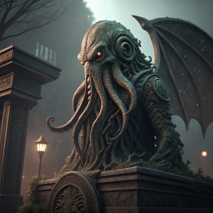 Digital 3D render of an elaborate H.P. Lovecraft inspired Cthulhu statue. Highly detailed with a dark, weathered look.