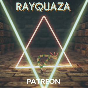 Rayquaza, the green Legendary Pokemon, is showcased in an action-packed scene. The illustration is set against a backdrop of vibrant, geometric light beams, with a Patreon banner prominently displayed at the bottom.