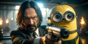 Photography, expressive eyes, a john wick minion with a pump gun, with, 35mm film grain, shallow depth of field, natural soft lighting, highly detailed and hyperrealistic
