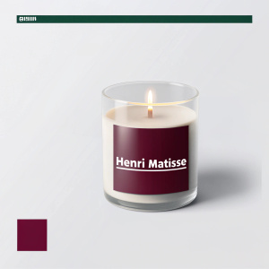 Generate an image of a candle in glass with the logo of the Henri Matisse furniture bureau from a photograph using the link https://www.recraft.ai/community?imageId=27a9adf4-ae1b-4d0a-8a18-52fe82c41ee2