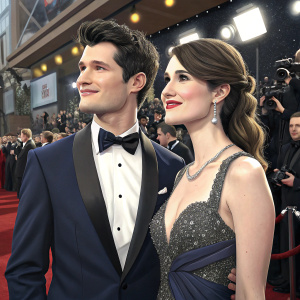 Bryan Dechart and Amelia Rose Blaire, dressed in formal attire, at a glitzy award ceremony. Crowds of people and flashing cameras in the background.