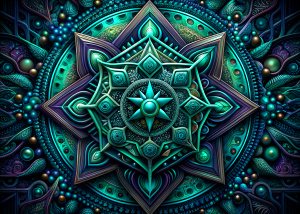 Seamless pattern, dark background, cyberpunk style, technological and geometric elements, neon glow