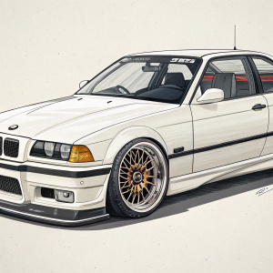 Illustration of a white BMW M3 E36 with DTM body kit and Speedline Corse rims. Neutral background, detailed view