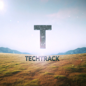 A vibrant digital artwork showcasing the TechTrack logo. The logo is a sleek 'T' crafted from swirling circuit board segments. Positioned on a deep blue backdrop with the company name 'TechTrack' in bold, contemporary text below.