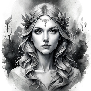 Saga, The Seer - Nordic Goddess of Sagas & Myths perfect realistic art, high-definition grey and black, white background tattoo design