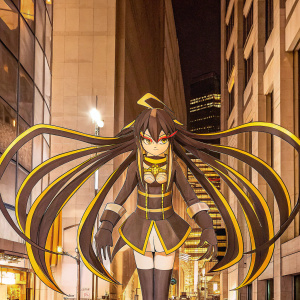 Filia, a stunning anime character with long black hair and gold streaks, stands in a dynamic pose. She has red eyes and a confident stance. The illustration is set against a dark backdrop with hints of an urban cityscape. Digital artwork by CYFRUS ARTS.