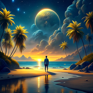 "Create a background showing a traveler standing on a deserted tropical beach. The scene includes a pristine sandy shore, crystal-clear turquoise waters, and a dense palm tree line. The person is casually dressed, gazing out at the ocean, capturing the essence of peaceful exploration and serenity." vibrant color, high contrast UHD, cinematic, ultra realistic, style raw, DSLR camera with a lens of 50mm -- aspect ratio 1:21 -- v 5.0 