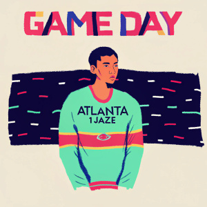 Digital illustration of a young Asian male, intense look, Atlanta 1JAZE shirt. Dark background with splashes of red and black. GAMEDAY logo prominent. Edgy, modern style with bold typography.