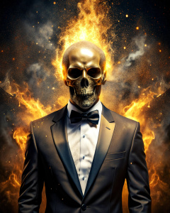 effect, photoshop action, realistic black gold skull with human body in tuxedo, fire, sparks, dust, explosion, smoke, sand, shadows, glow, glow, glare, light, slim, in style: serious, business, wise, quality xd, 