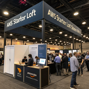 AWS Startup Loft Theater booth at tech conference. Crowded with attendees, engaging with the event.