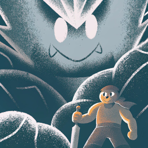 Illustration of Shura from Ragnarok Mobile, standing bravely against a monstrous ice beast. Shura, muscular, friendly but resolute, in a brown cap. Colorful background, dominated by blue hues, captures the intensity and flow.