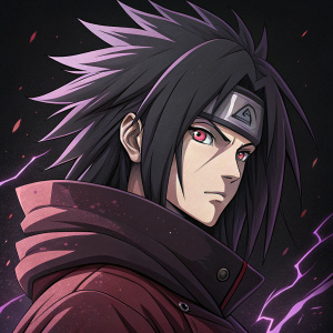 Digital illustration of Madara Uchiha from Naruto. Dark hair, sharp eyes. Stylish, modern anime art style. Black background with purple highlights.