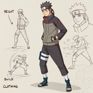 Concept art of Naruto character, detailed sketch, various action poses, traditional Japanese attire, annotations for height, build, and clothing dimensions