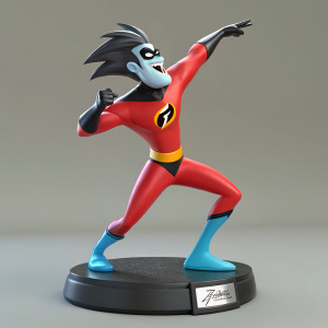 Digital render of Freakazoid! figurine. Vibrant colors, dynamic poses, on black base with unique label.