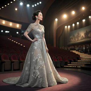 Zhang Ziyi at Cannes Film Festival. Wearing a stunning silver dress with intricate lace detailing. The background is a dimly lit auditorium.