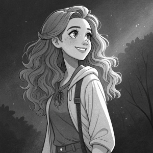 Grayscale anime-style illustration. Young woman with long wavy hair, friendly smile, detailed face. Wearing a casual outfit, relaxed posture. Dark background with subtle shading