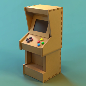 a video game arcade cabinet made with cardboard, cardboard texture, one player arcade joystick, two buttons,