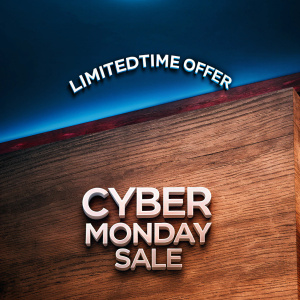 Limited time offer banner for Cyber Monday sale. Vibrant gradient background transitions from dark blue to neon pink.