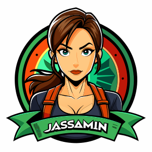 Logotipo Periodista mujer Jassmin parecida a Lara Croft