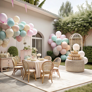decoración Cumpleaños con niños alrededor, 
Tonos Pastel, Mimbre, Distinción elegante, realista, minimalista en el corral de una casa, realista