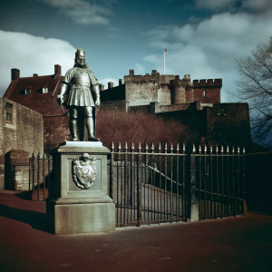Photograph of Robert the Bruce statue positioned outside Stirling Castle. Detailed medieval costume. Stone pedestal adorned with emblem. Iron fence surrounding statue. Castle backdrop with towering walls and multiple structures. Clear blue sky with scattered clouds