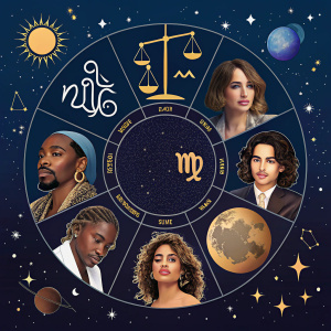 Celestial guide showcasing Libra sign. Zodiac symbols, celebrity images, diverse ethnicities, styles, facial expressions, astrological elements