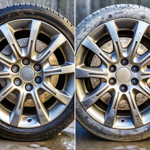 the same car wheel before and after washing, very dirty before washing, shiny after washing