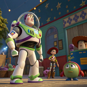 HD screenshot from Toy Story. Buzz Lightyear in a prominent position, set against a vibrant and colorful backdrop.