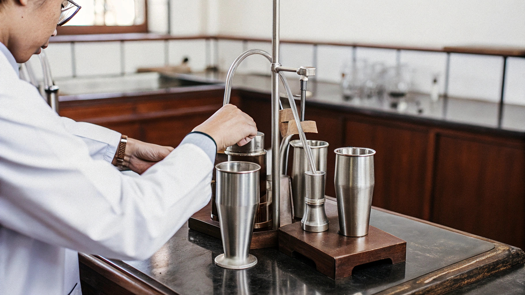 A technician testing stainless steel drinkware with advanced equipment in a laboratory setting.