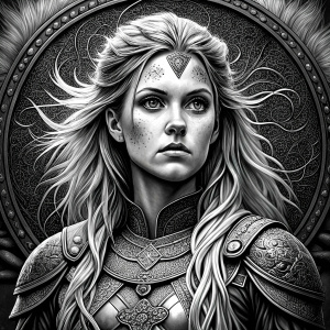 shieldmaiden perfect realistic art, high-definition, high-definition grey and black, white background 