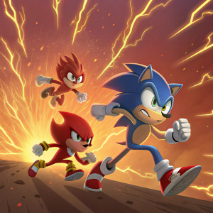 Digital illustration of Sonic Forces. Burst of energy, fiery background. Characters from Sonic franchise in dynamic action poses.