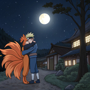 Naruto Uzumaki, embracing Kurama the nine-tailed fox. Nighttime scene, Konoha Village, illuminated by moonlight.