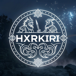HXRKIRI logo. A mystic emblem with fierce warriors. Dark background with bright white lettering.