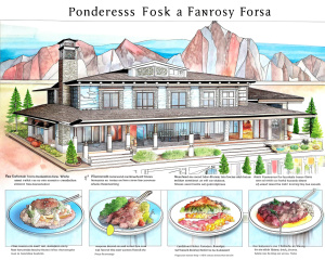 Ponderosa family style steakhouse, from 1976, gouache, Japanese gouache