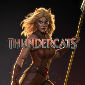 Digital artwork featuring a fierce female Thundercat character. Blonde hair, brown bodysuit, and determined expression. She wields a spear with one hand. Dark background, contrasted by bright lighting on the character. Prominently displayed Thundercats logo.