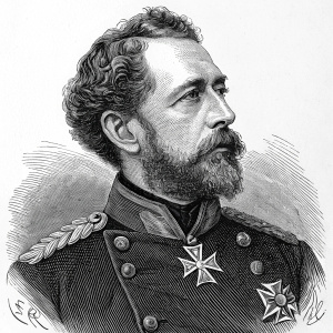 Vintage engraving depicting Generalfeldmarschall Edwin Freiherr von Manteuffel. Black and white, formal military uniform, close-up, serious expression, curly hair, prominent beard