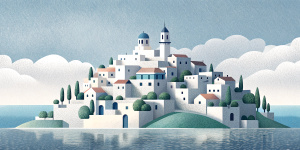 White illustration, Rene magritte style, isolated surrealistic collage of a lot of old Türkiye houses and trees on island, huge ocean and big sky, light pastel colors, asymmetrical composition, zoom out view, grainy texturing paper