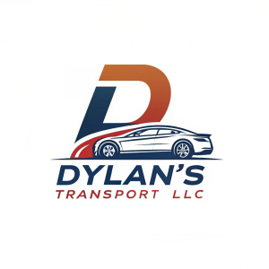 Dynamic logo for Dylan's Transport LLC. The stylized 'D' intertwined with a sleek car icon. Modern, vibrant color palette. Ideal for branding across various platforms.