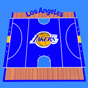Digital art of a NBA court, Los Angeles Lakers theme. Wooden floor texture, vibrant purple and gold hues. Lakers logo central